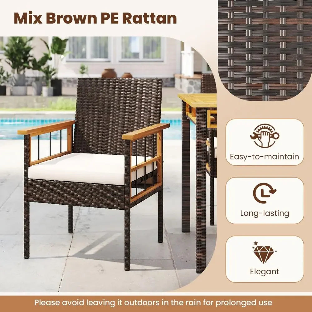 Wicker Patio Dining Chairs Set of 4, Outdoor Acacia Wood Armrest Dinner Chairs with Removable Cushion, Outside Chairs for Backy