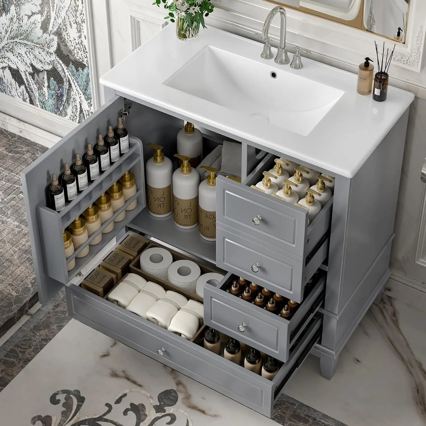 Free Standing Bathroom Vanity With Ceramic Sink And Wood Cabinet