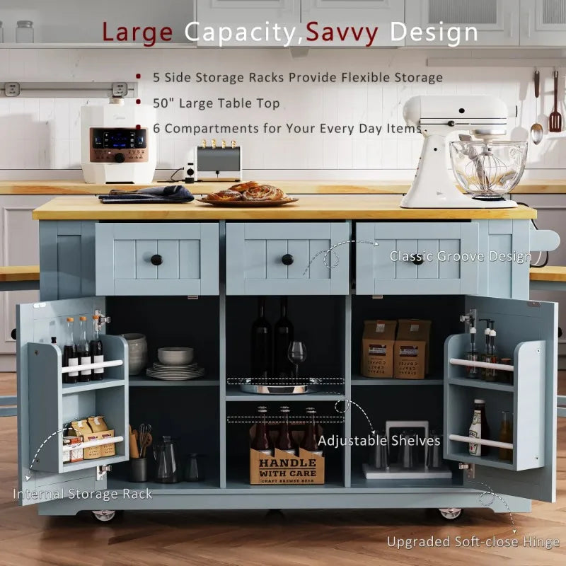 Gray-blue 53-inch Large Kitchen Island with Folding Tabletop, Power Outlet, Inside-door Storage, 5-wheel Rolling Kitchen Cart, and 5 Open Side Shelves, Suitable for Kitchens (2-pack) (stool Not Included).