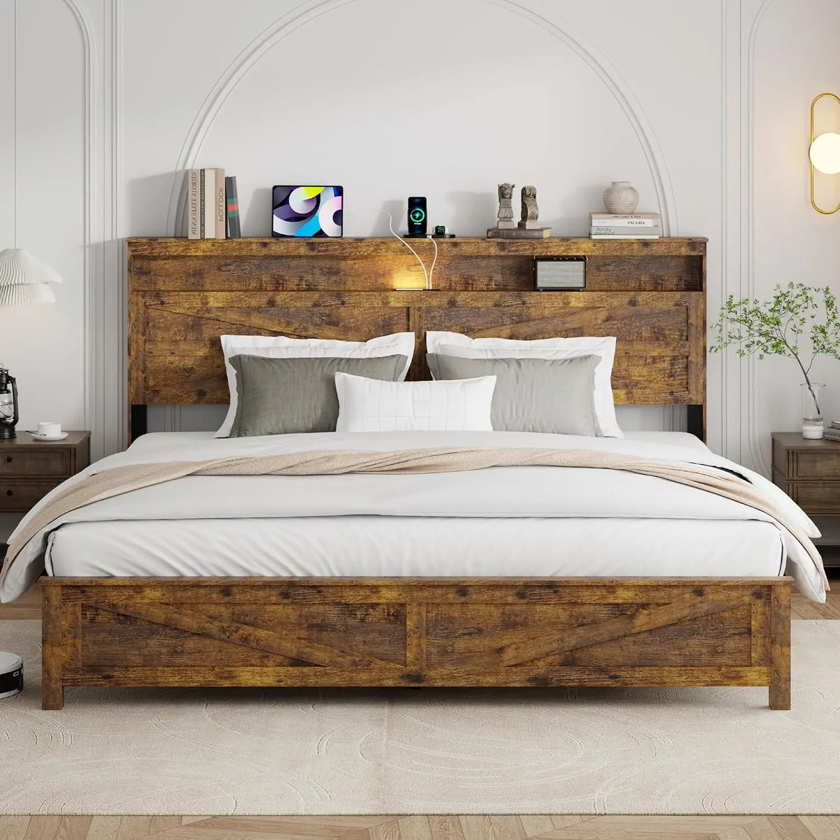 Rustic Wood King Bed Frame with LED Lights & Charging Station, Easy Assembly No Box Spring Needed, Customized