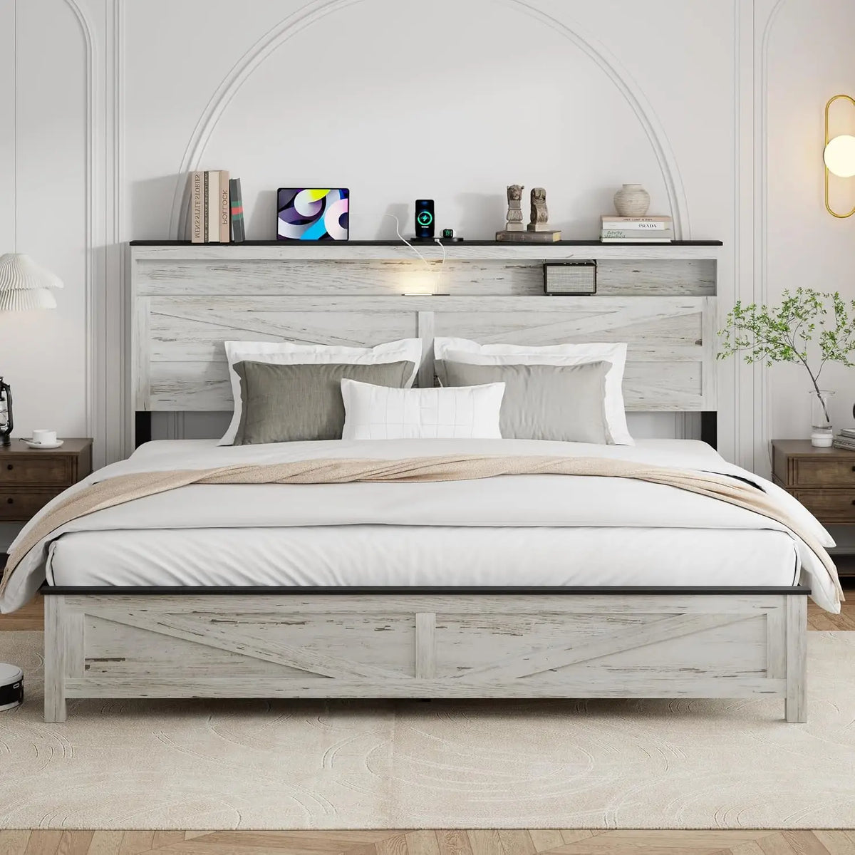 Rustic Wood King Bed Frame with LED Lights & Charging Station, Easy Assembly No Box Spring Needed, Customized