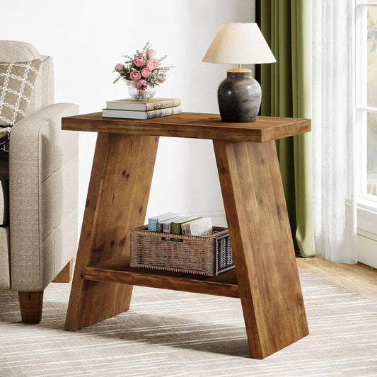 LITTLE TREE End Table for Living Room, Narrow Small Side Table with 2-Tier Storage, Farmhouse Bedside Nightstand for Bedroom