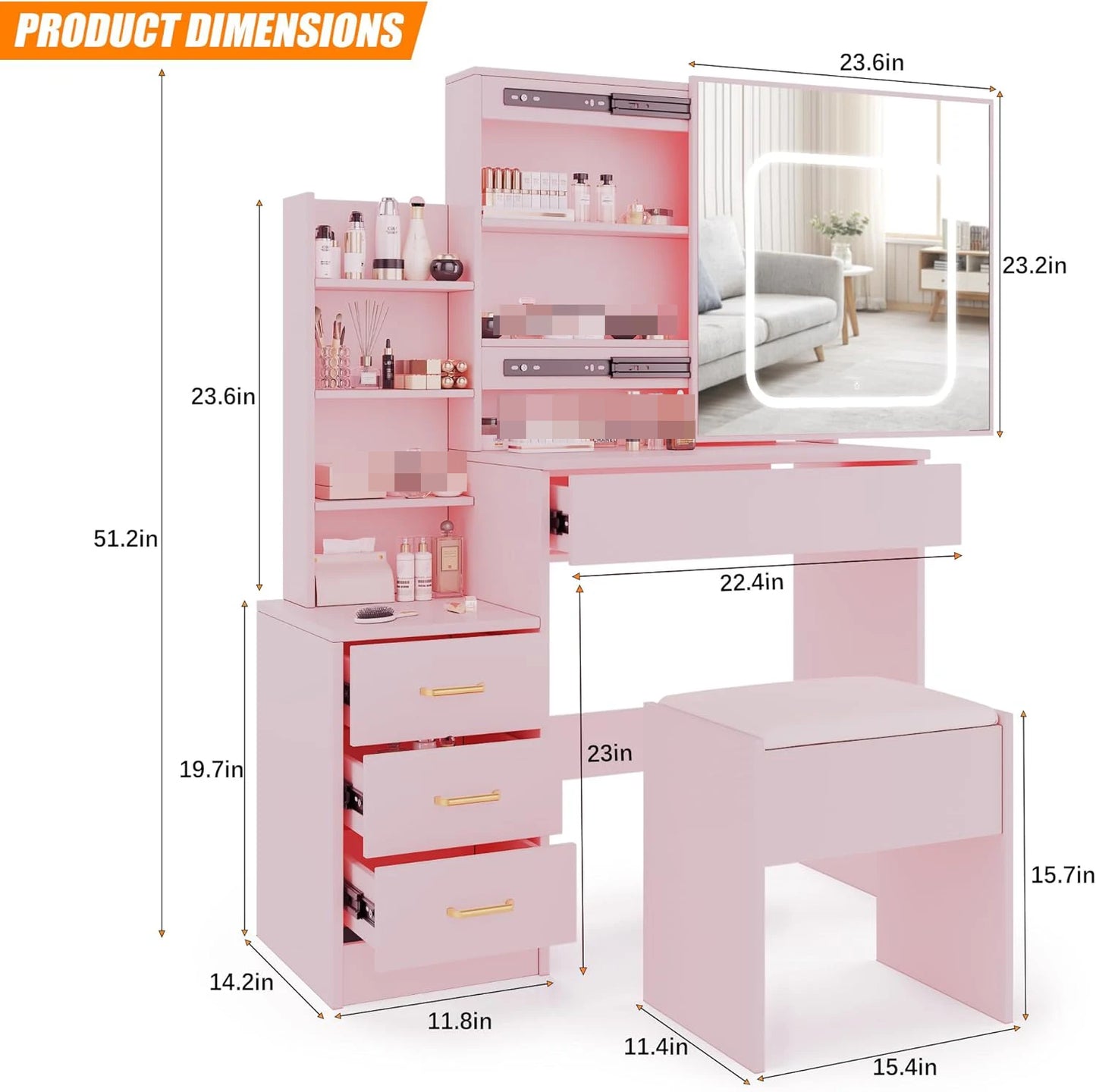 HiMISS Vanity Desk With Led Lights And Lighted Mirror