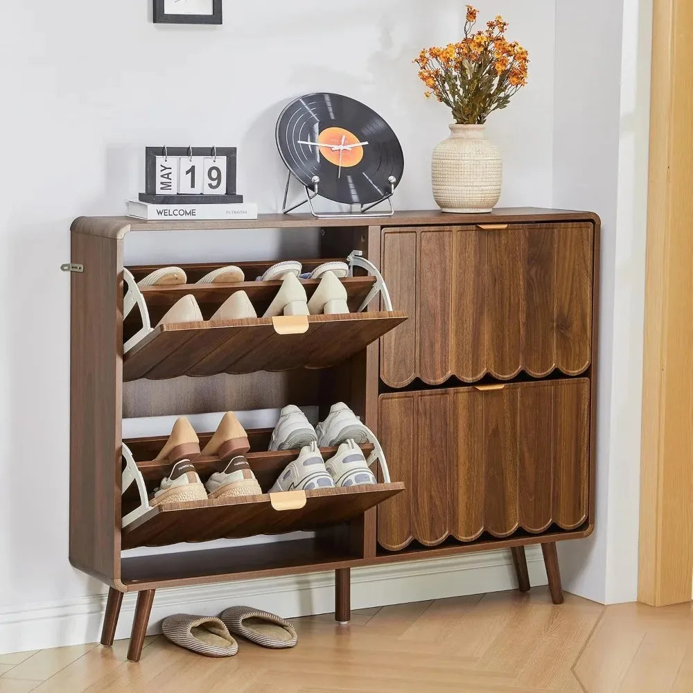 Narrow Freestanding Wood Shoe Storage Cabinet,Wave Panel & 4 Flip Drawers For Entryway, Custom
