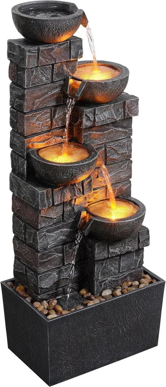 33.5 Inch Water Fountain 4-Tier Cascading Bowls with LED Lights, Indoor Outdoor Decorative Floor Standing Resin Waterfall