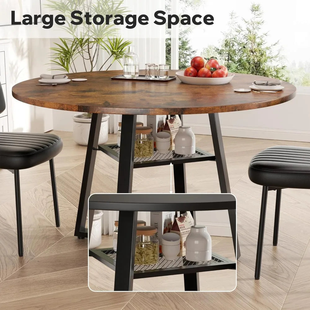 Round Dining Table With Storage Shelf And Modern Metal Legs