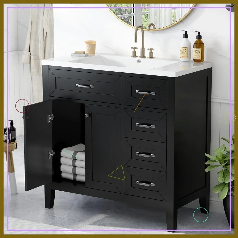 36 Inch Freestanding Bathroom Vanity with Ceramic Sink, Solid Wood Storage Cabinet, 3 Drawers & Soft-Close Doors in Black