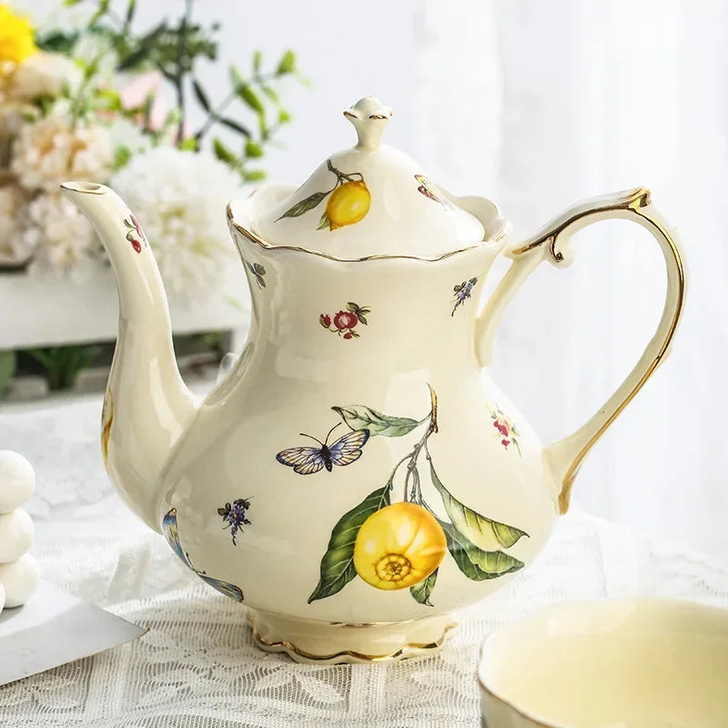 European Ceramics Coffee Cup and Saucer Teapot Elegant Lemon Pattern Creative Afternoon Tea Teaware Set with Dessert Spoon Gift
