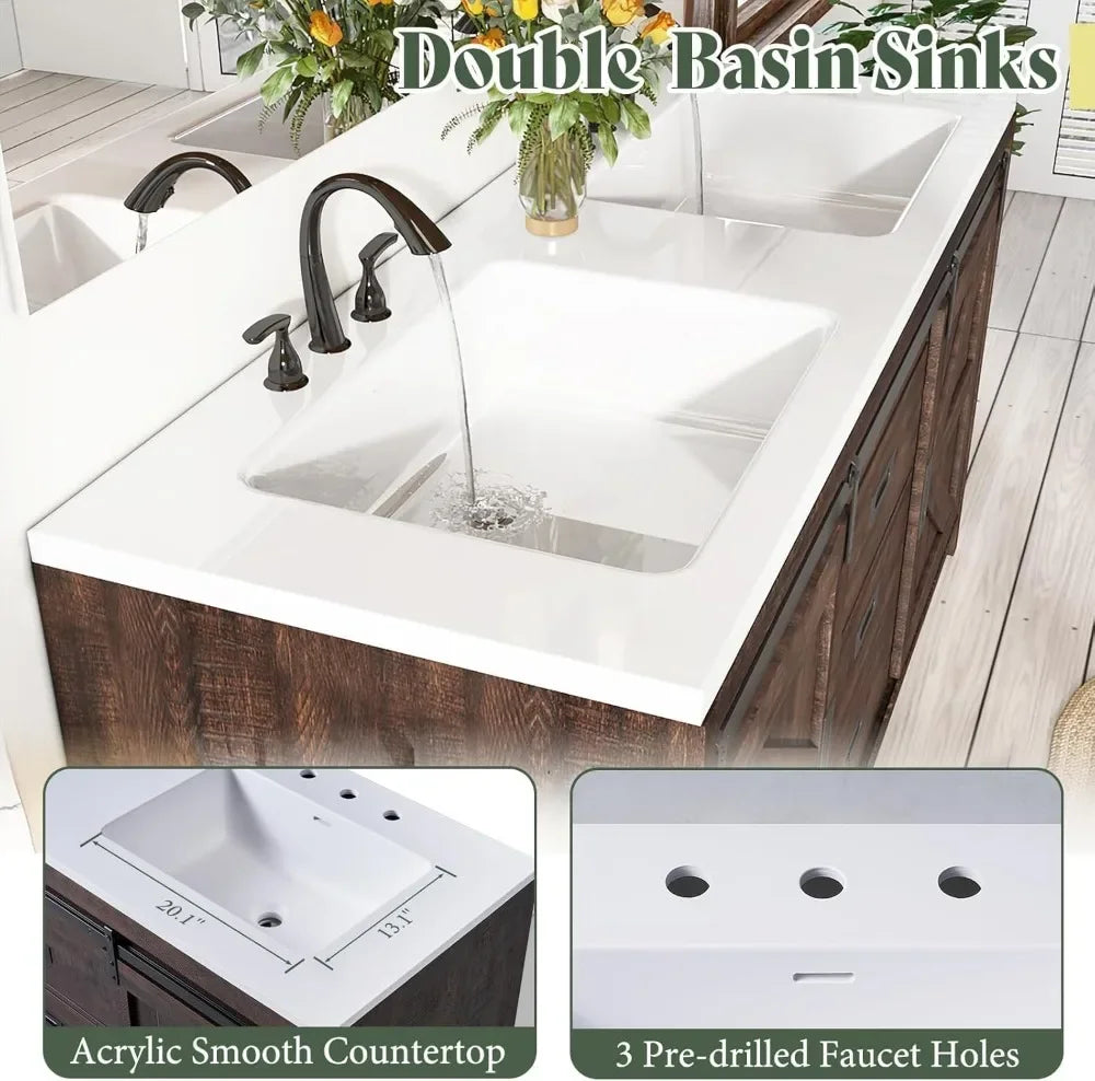 60" Freestanding Bathroom Vanity with Sliding Barn Door, Double Sink Combo, Drawers & Metal Handles, Reclaimed Barnwood Design
