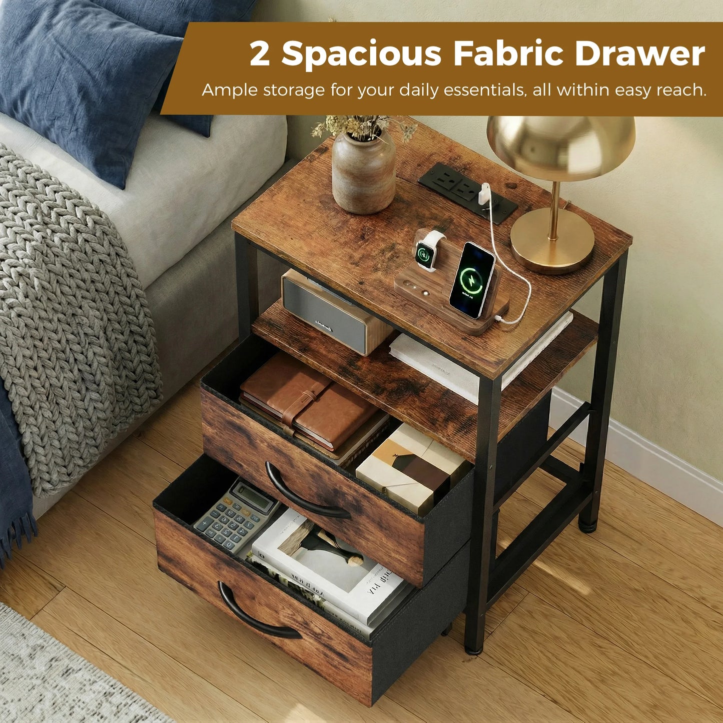 JHK Two-Drawer Fabric Nightstands With USB Ports Set Of 2
