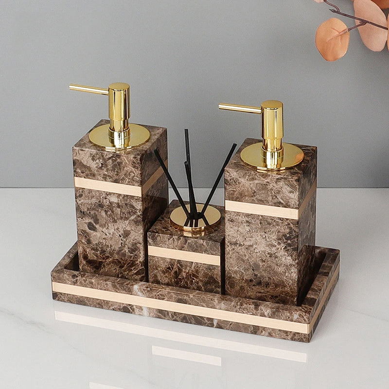 Emperador Dark Natural Marble Bathroom Set Luxury Stone Toothbrush Holder Tooth Mug Soap Dispenser Bathroom Accessories