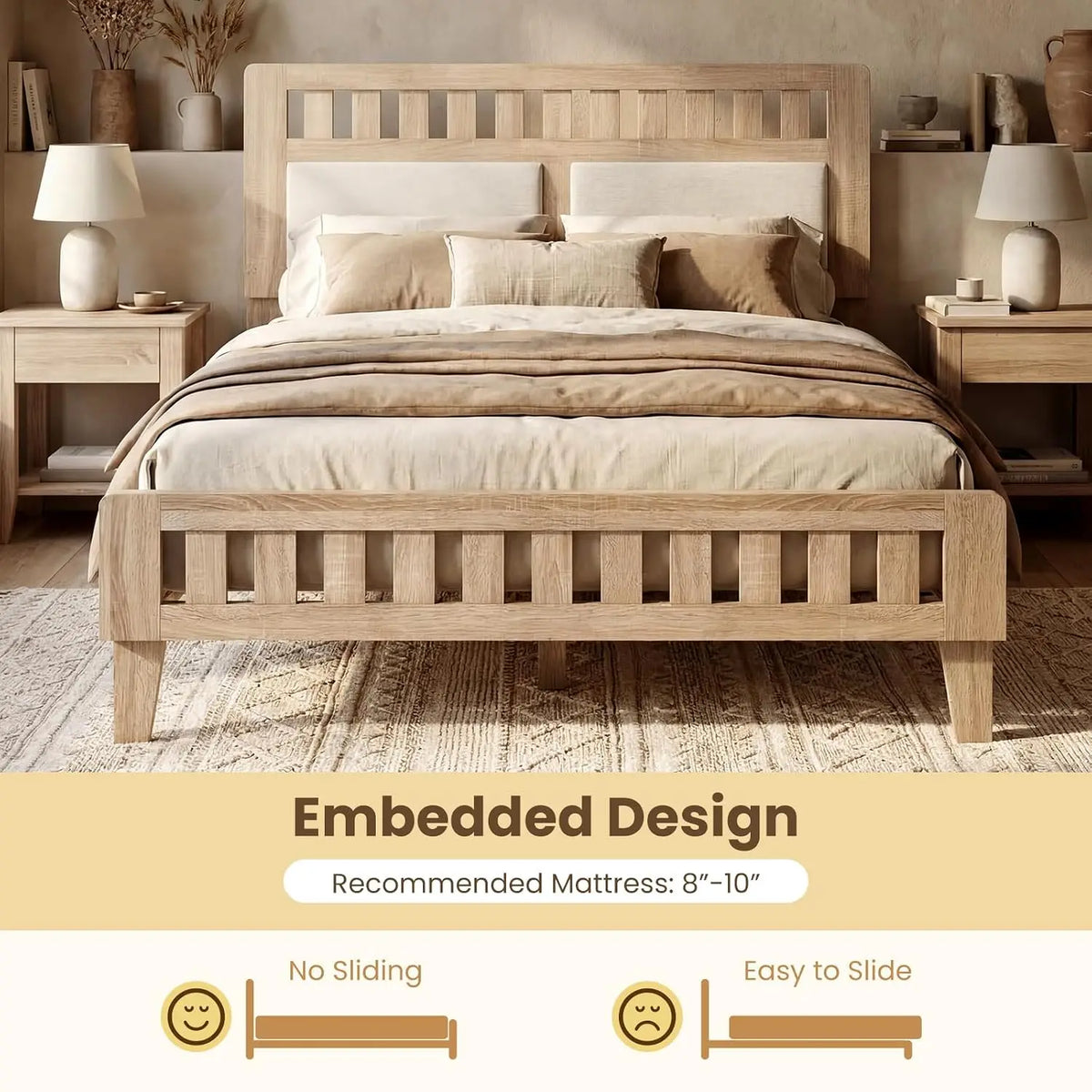 Wood Full Size Bed Frame Upholstered Headboard Platform Slat Support Storage No Box Spring Oak, Customized