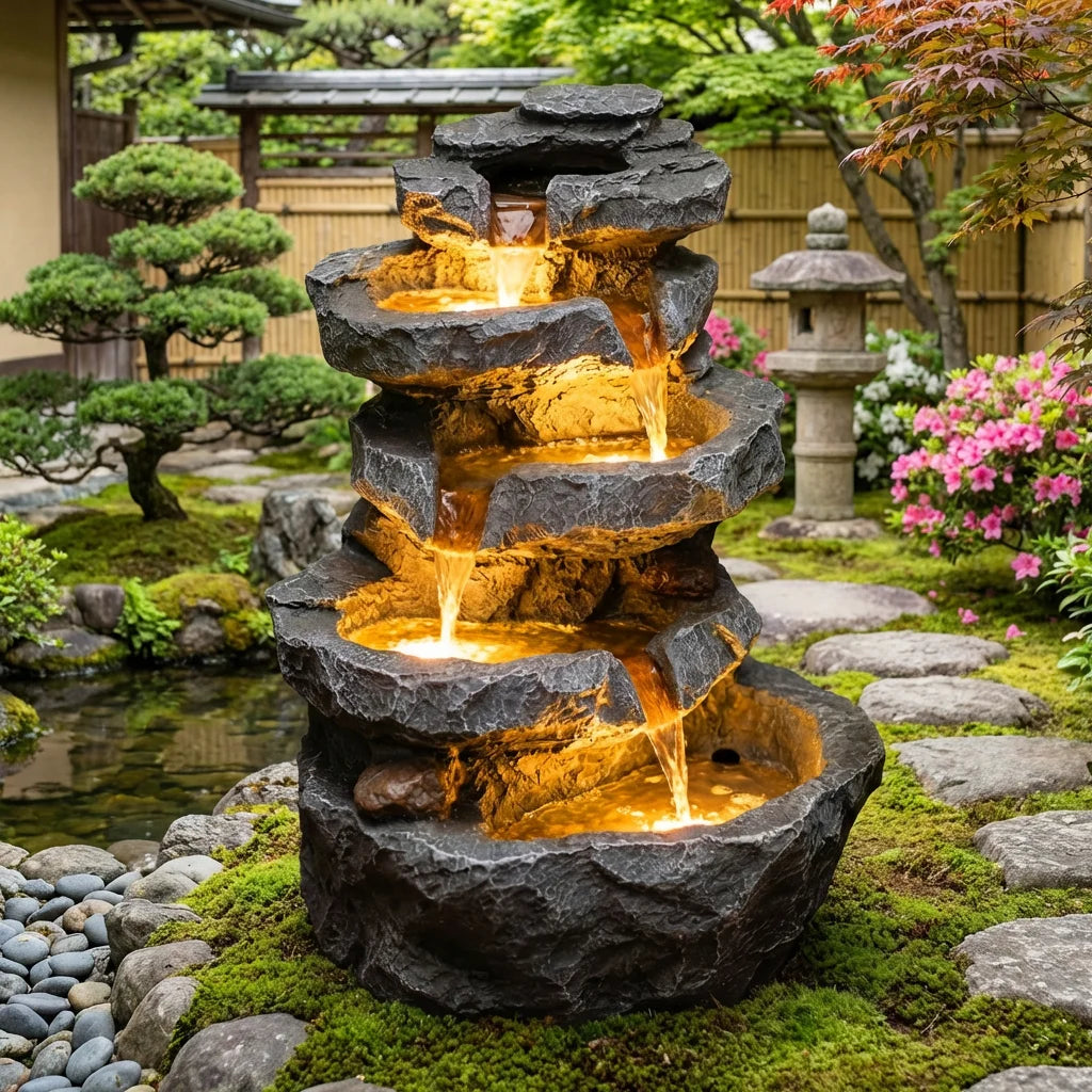 5-Tier Cascading Rock Water Fountain with LED Lights, 15''L x 11.8''W x 22''H, Outdoor Garden Waterfall Feature for Patio, Backyard & Lawn Decor