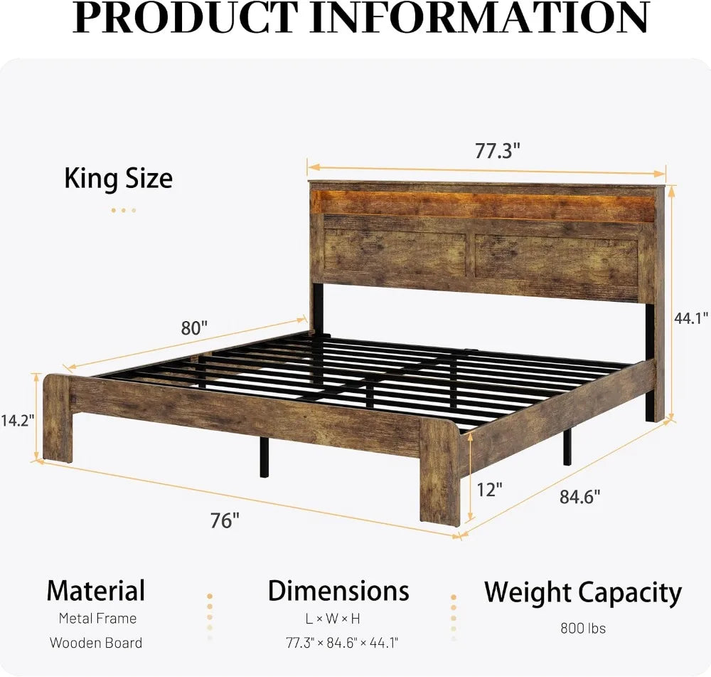 Wooden King Bed Frame with Headboard, USB & LED, No Box Spring Needed, Easy Assembly