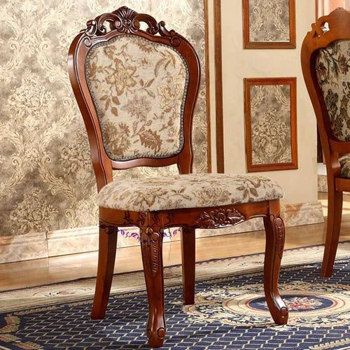 American Country Dining Chair Solid Wood Carved Fabric Chair Dining Room Dining Chair Dark European Soft Chair Room Furniture