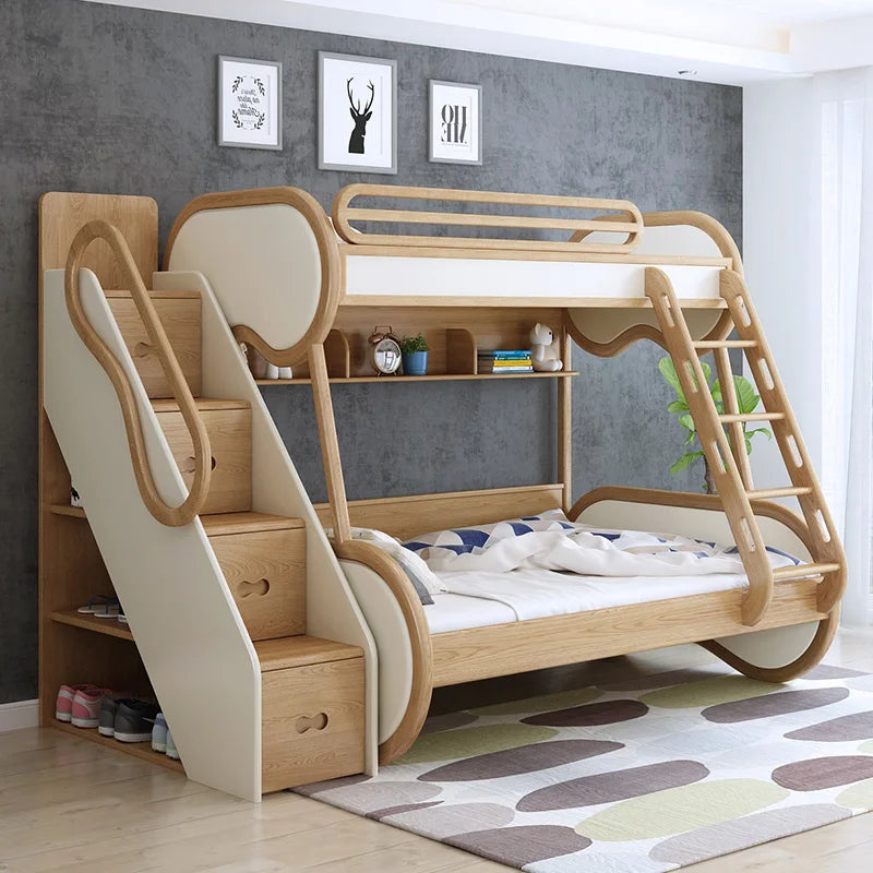 Omgd Modern Luxury Ash Wood Double Bunk Bed With Storage