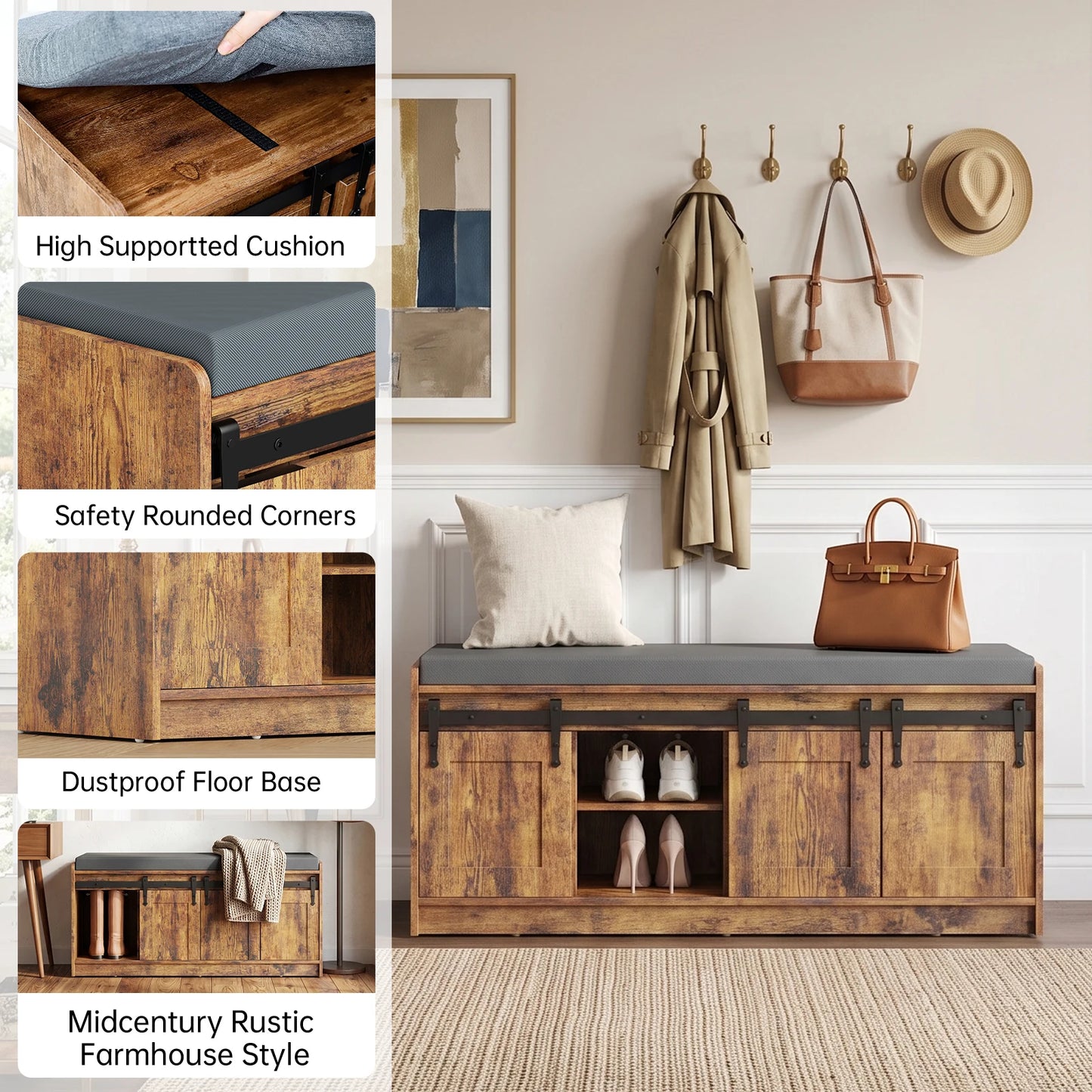 TinyNest Shoe Storage Benches With Linen Seat Cushion, 41.7 inch Farmhouse Entryway Bench, Shoe Rack Cabinet Bench Organizer With Adjustable Shelf & Sliding Door for Entryway, Hallway, Living Room, Bedroom End of Bed, Rustic