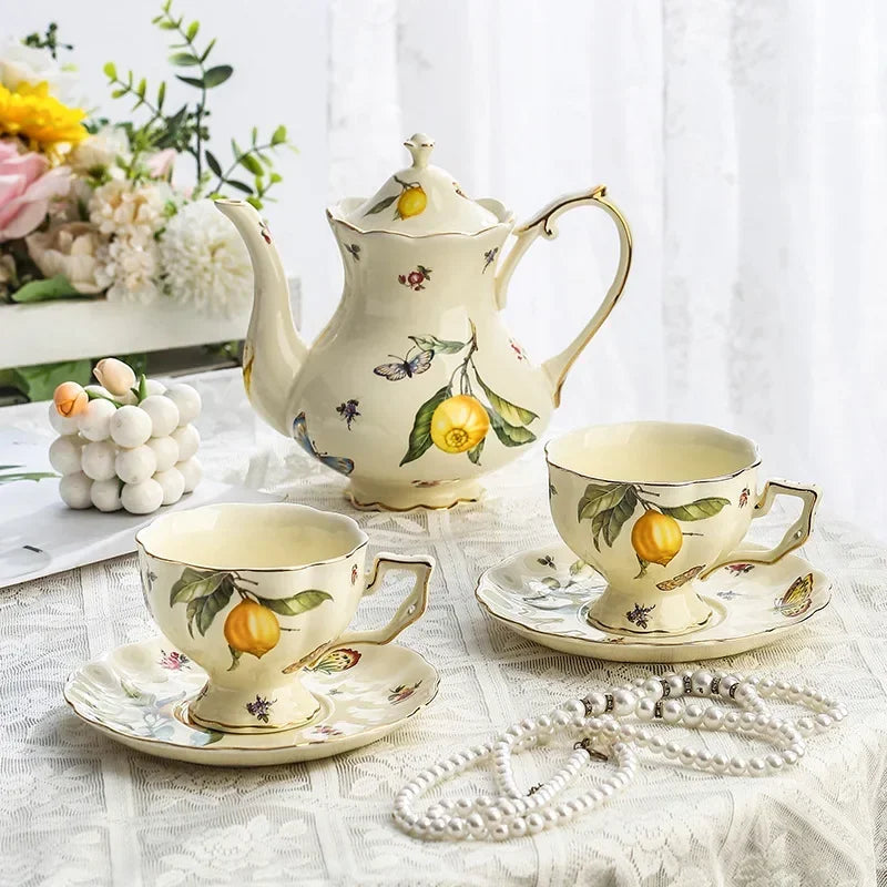 European Ceramics Coffee Cup and Saucer Teapot Elegant Lemon Pattern Creative Afternoon Tea Teaware Set with Dessert Spoon Gift