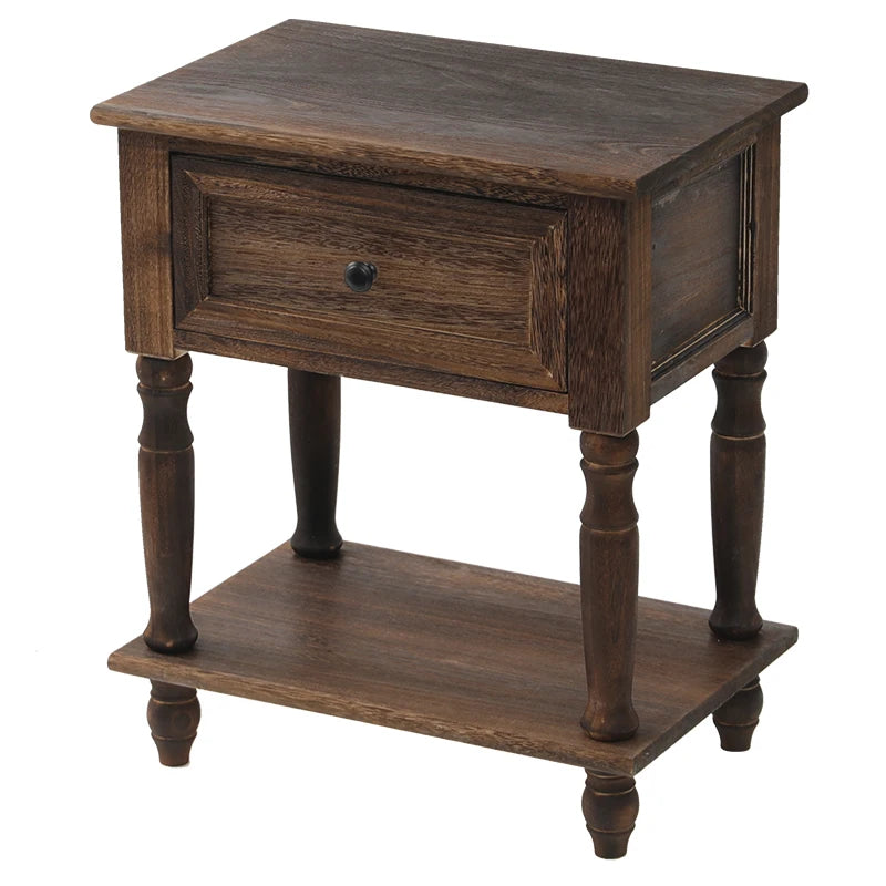 Solid Wood Vintage French Nightstand With Distressed Bedside Drawer
