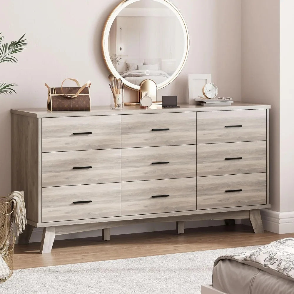 9 Drawer Dresser for Bedroom, Modern Chest with X-Shaped Base, Wood Storage Organizer, TV Stand, Grey