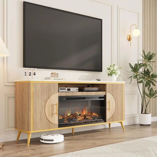 Modern Fluted TV Stand With Electric Fireplace Entertainment Center