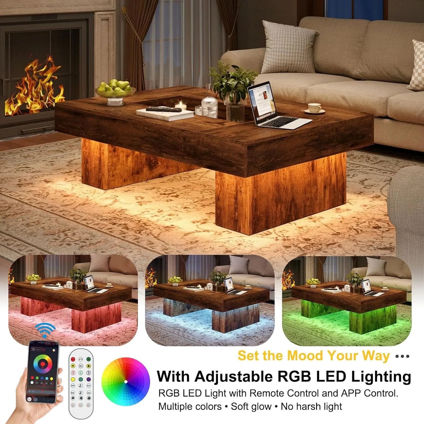 XIUWO Rustic Wood Coffee Table With Storage LED Light