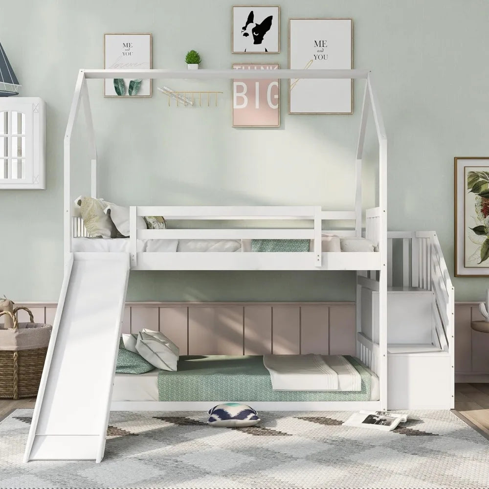 Solid Wood Over Bunk Bed With Slide And Storage Staircase