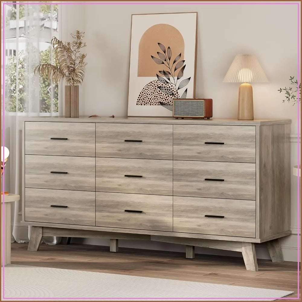 9 Drawer Dresser for Bedroom, Modern Chest with X-Shaped Base, Wood Storage Organizer, TV Stand, Grey