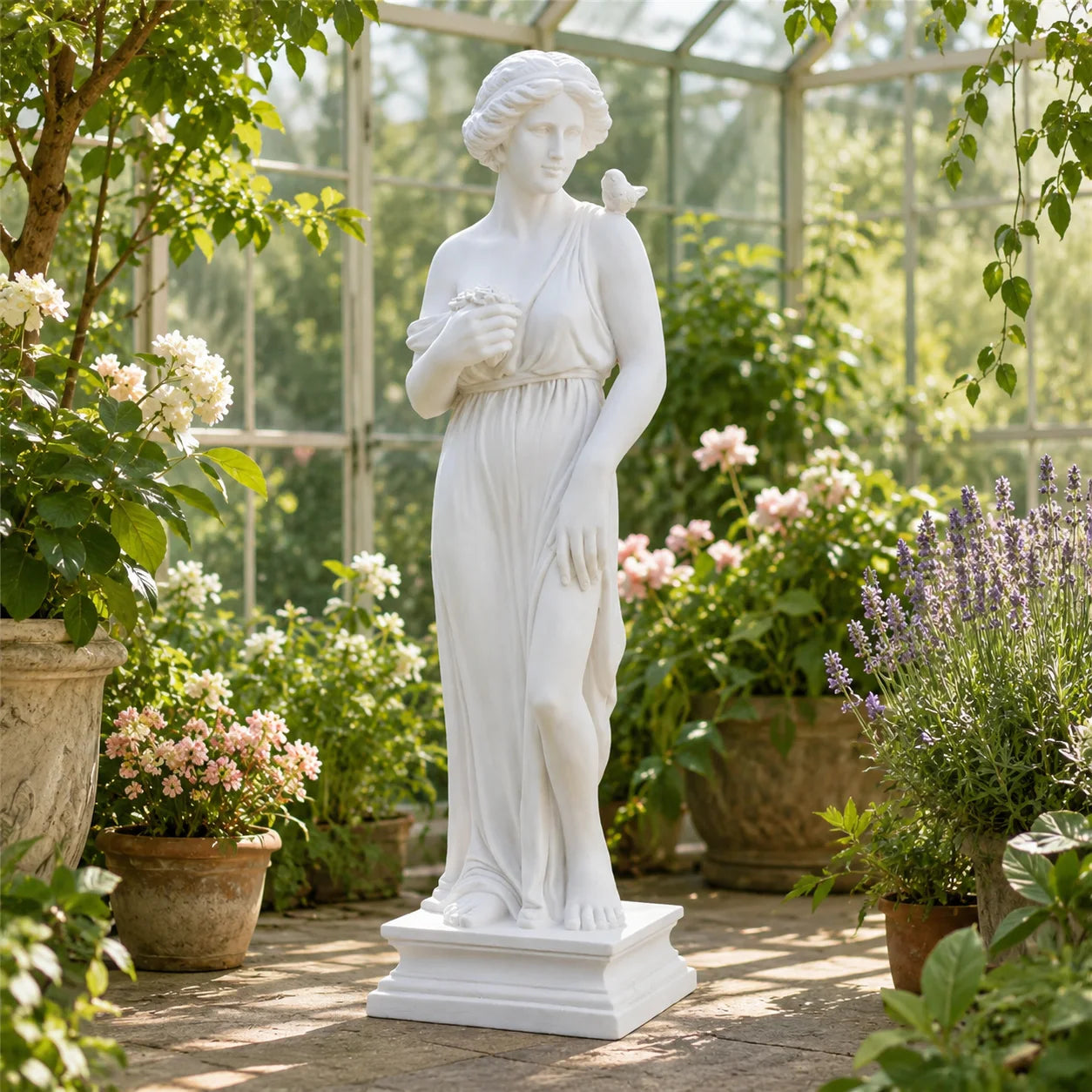 31.5 Inch Tall Greek Goddess Garden Statue, All Weather MgO Outdoor Sculpture with Handcrafted Aged Stone Finish, Floral Bouquet Bird Detail Greek Column Base, Paintable Fade Crack Resistant Mythological Yard Art for Lawn Pat
