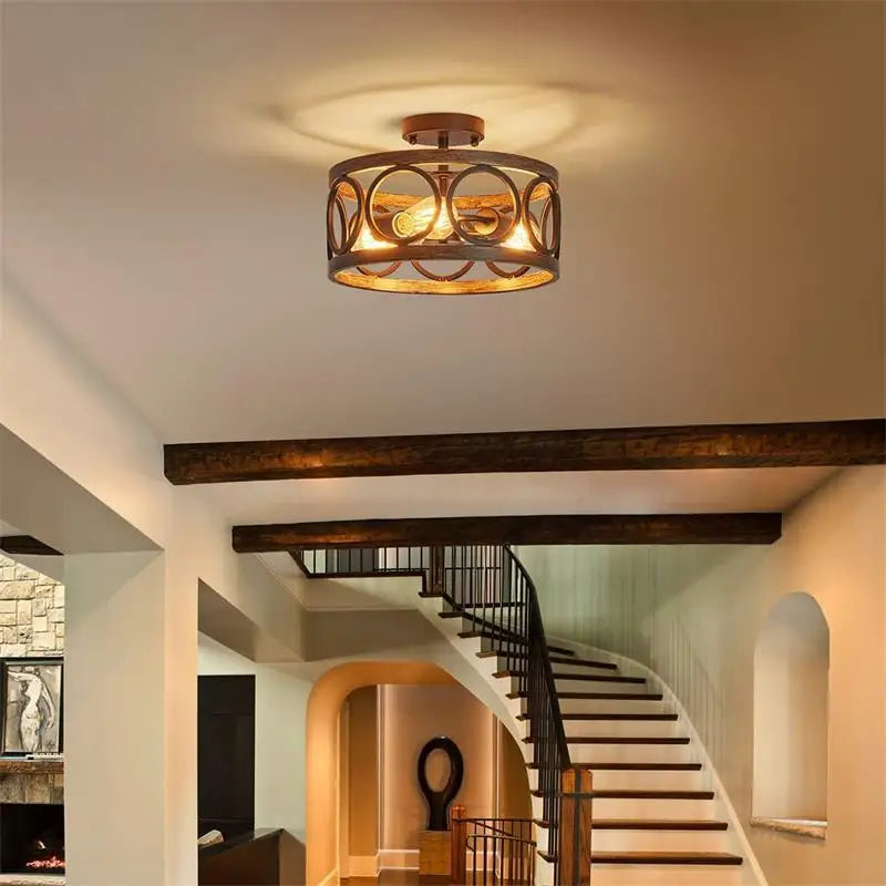 NORMICHY Industrial Circular Chandelier Farmhouse Wood Grain Ceiling Light