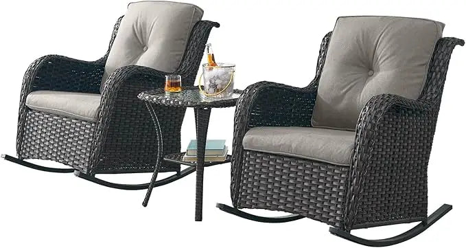 Patio Chairs Outdoor Rocking Chair - 3 Piece Wicker Patio Bistro Set Rattan Patio Furniture Rocker Chairs and Side Table