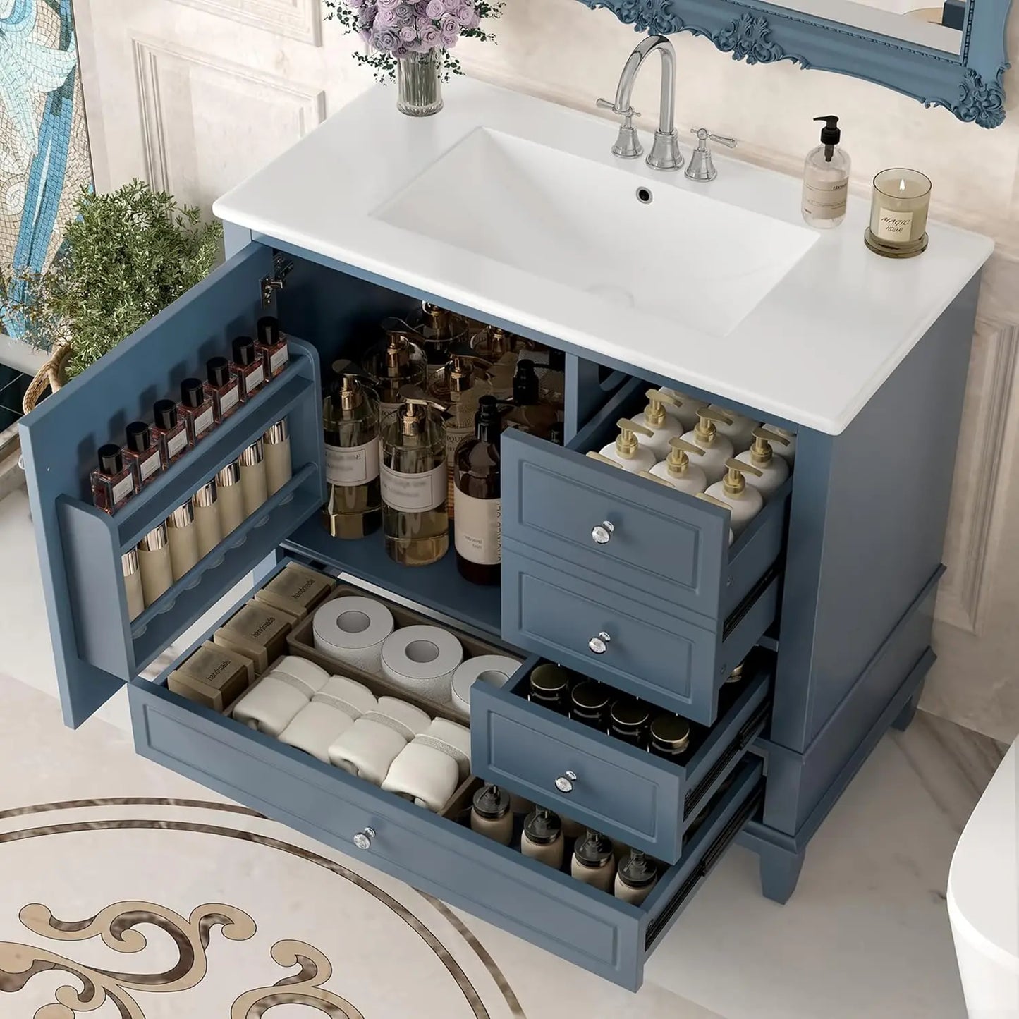 Free Standing Bathroom Vanity With Ceramic Sink And Wood Cabinet