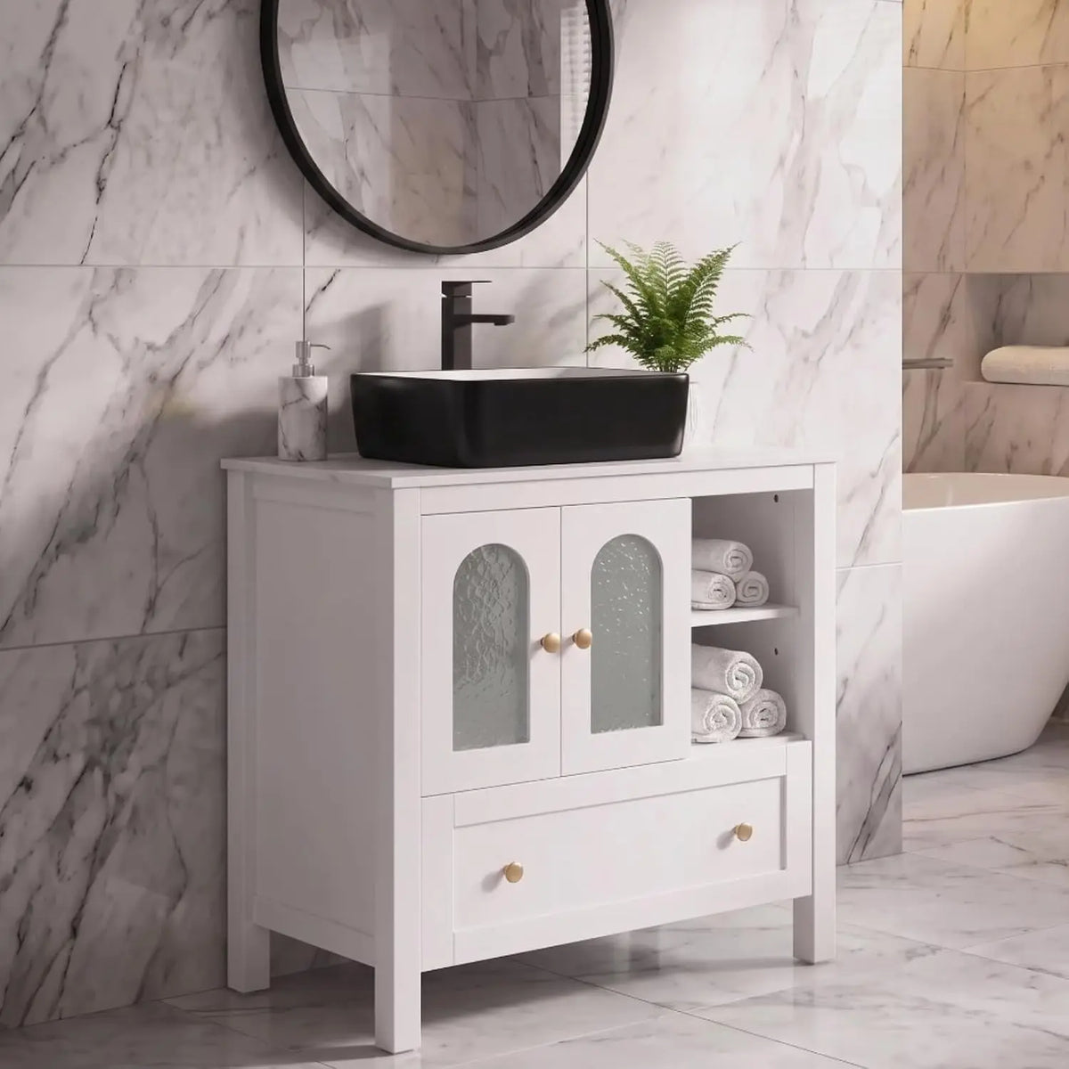 30" Bathroom Vanity with Sink, Freestanding Cabinet, 2 Water Ripple Doors & 1 Drawer, Soft-Close, Silver Glass Boat Sink, White,