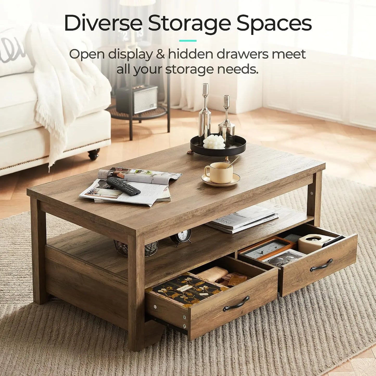 Farmhouse Coffee Table With Storage, Wood Coffee Table For Living Room, Open Display Area And Storage Drawers With Metal
