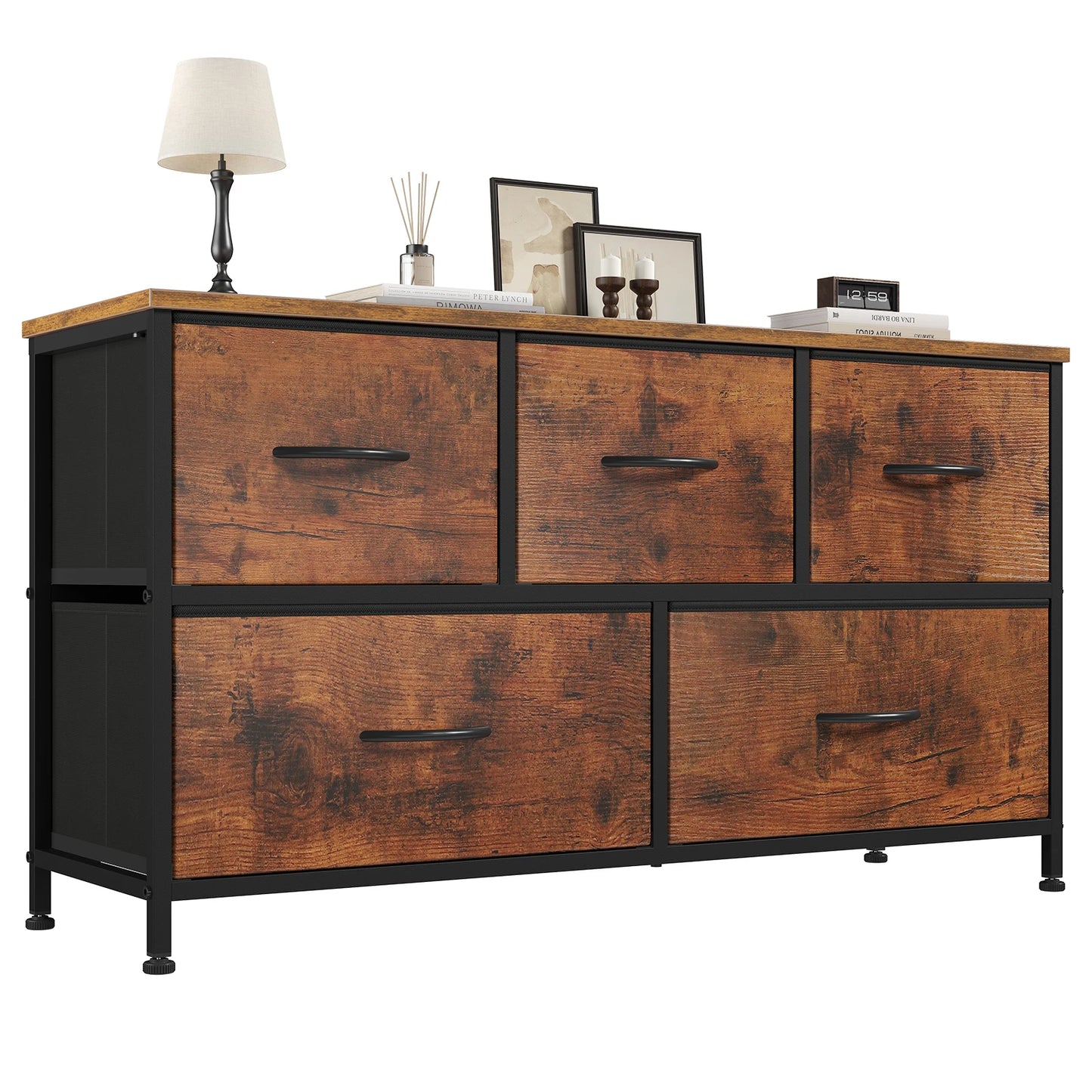 MCQ 5 Drawer Dresser for Bedroom Closet Chest Organizer Furniture TV Stand for Living Room Hallway Wide Fabric Storage Tower with Wooden Top and Metal Frame