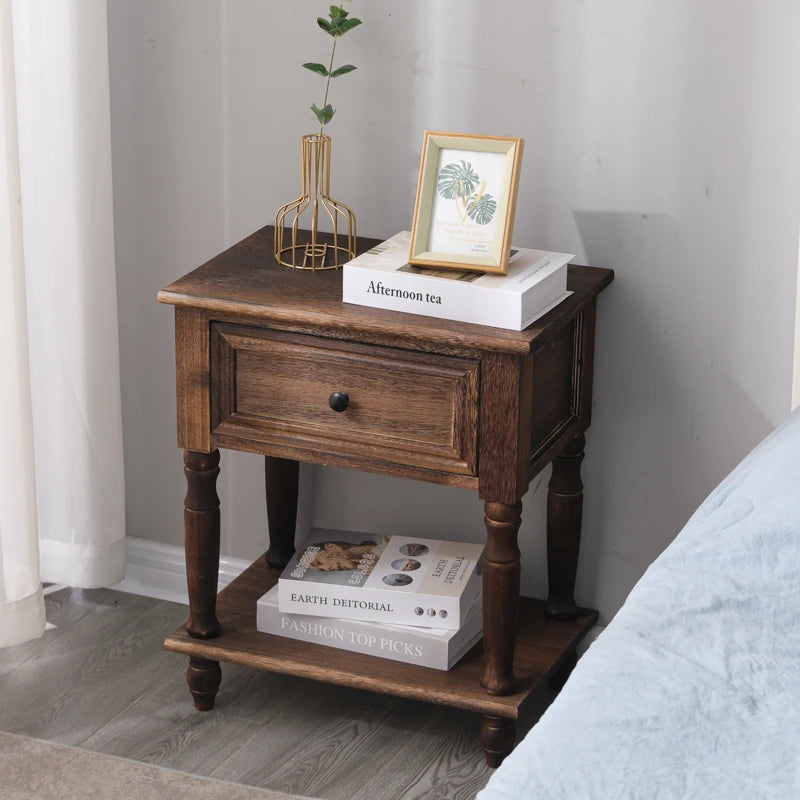 Solid Wood Vintage French Nightstand With Distressed Bedside Drawer