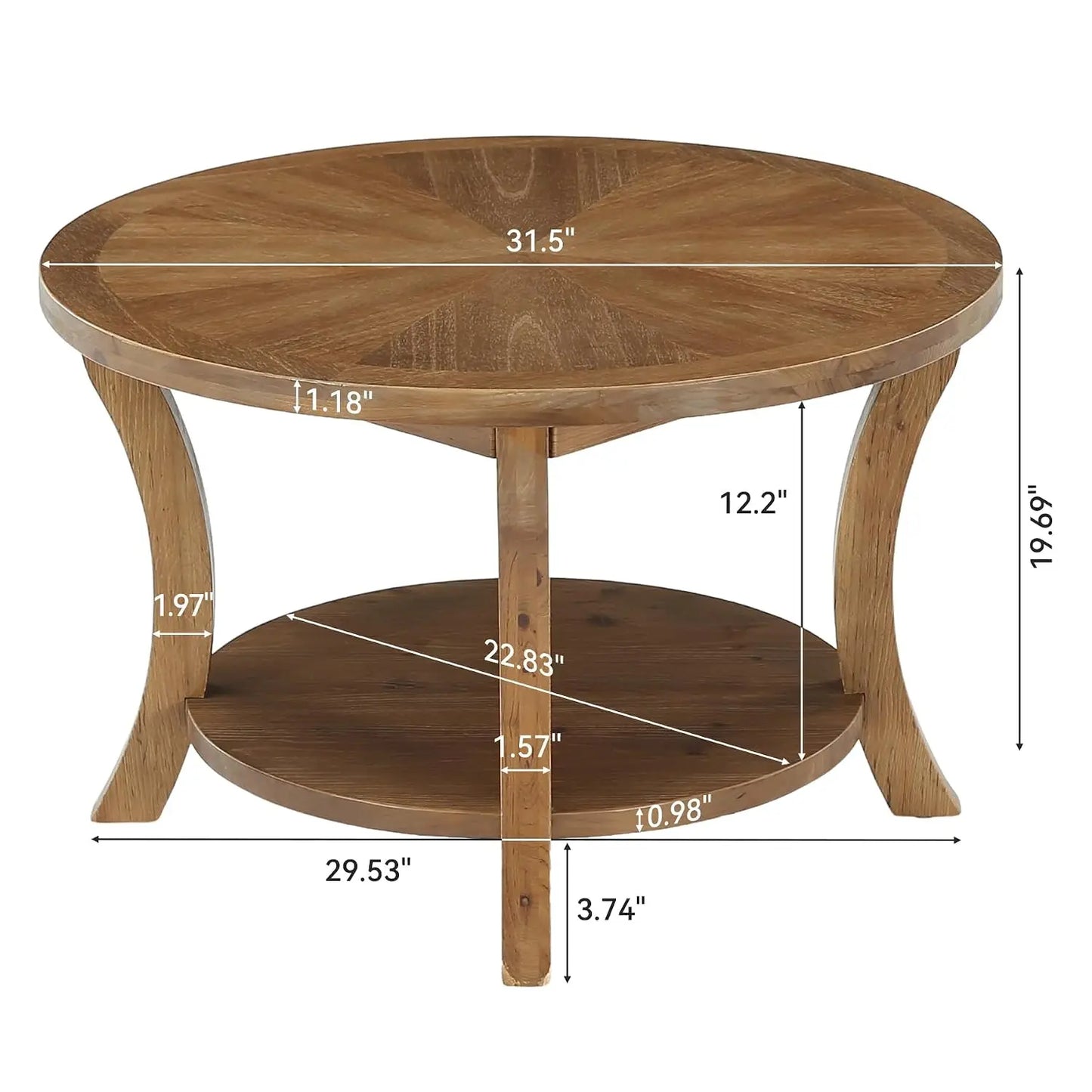 31.5" Round Solid Wood Coffee Table with 2-Tier Storage Shelf, Farmhouse Circle Center Table with Curved Legs for, Customized