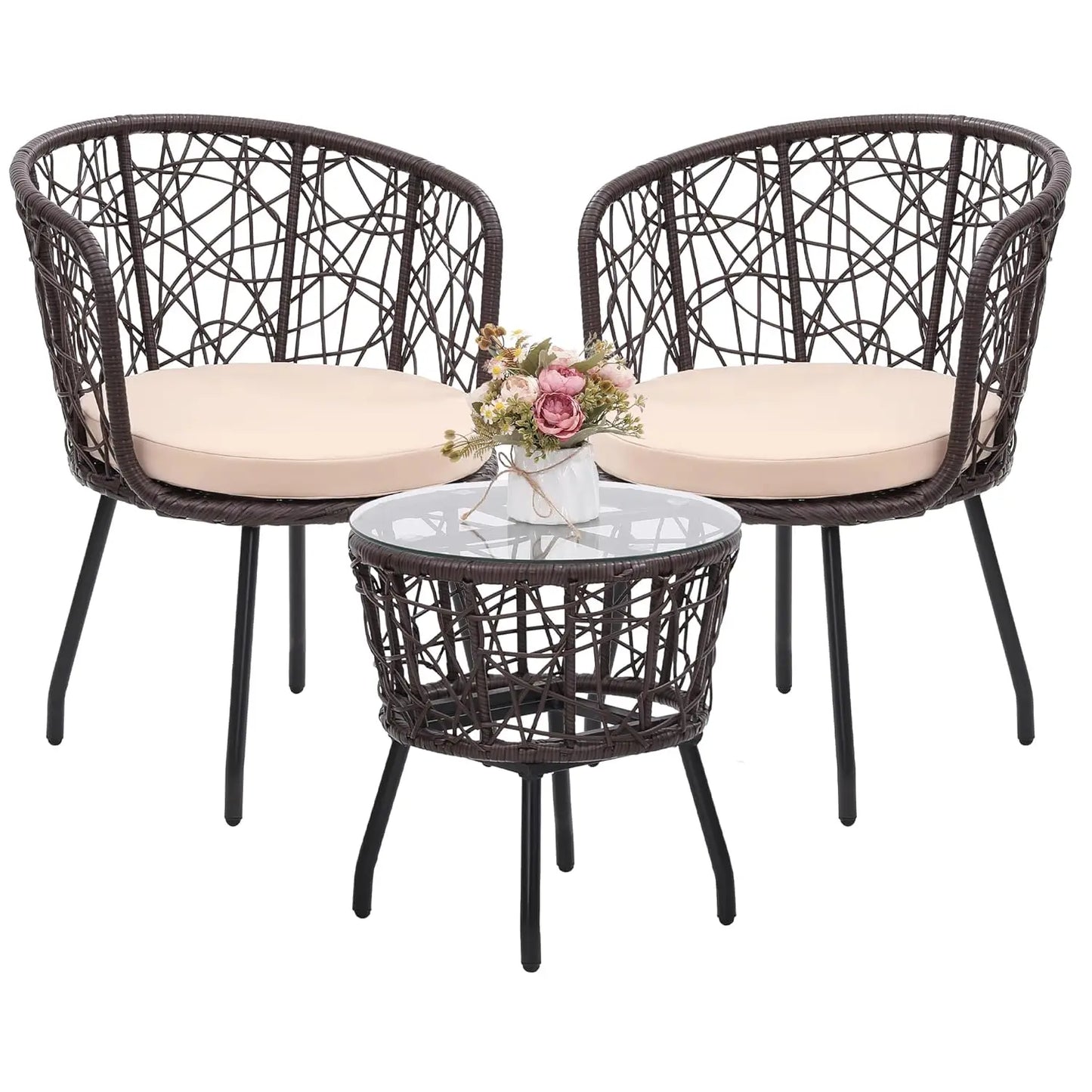4 Piece Patio Bistro Outdoor Furniture Set, Wicker Sofa, 2 Rattan Chairs, and Table, Backyard Conversation Set, All, Customized