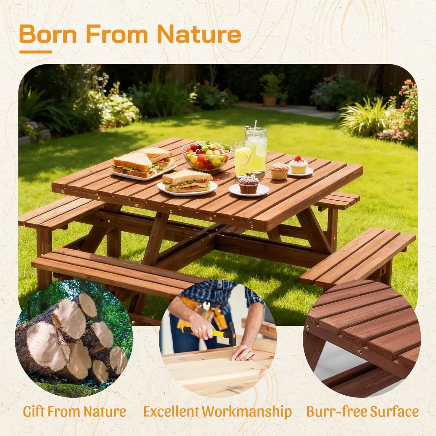 Wood Picnic Table Bench Set for 4-8 Person, Square Lifetime Picnic Tables for Outdoor with Umbrella Hole and Benches, Outside Di