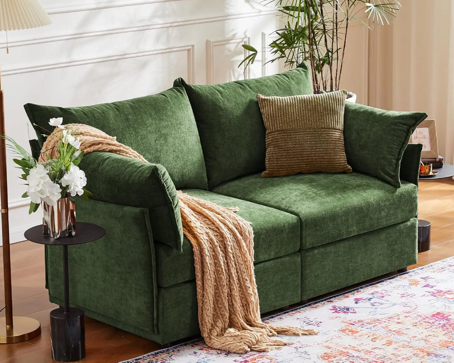 Oversized Loveseat Sofa, Modern Modular Sectional Couch Terracotta Orange Fluffy Chenille Mid Century 2-Seat 24.5" Deep Seat for
