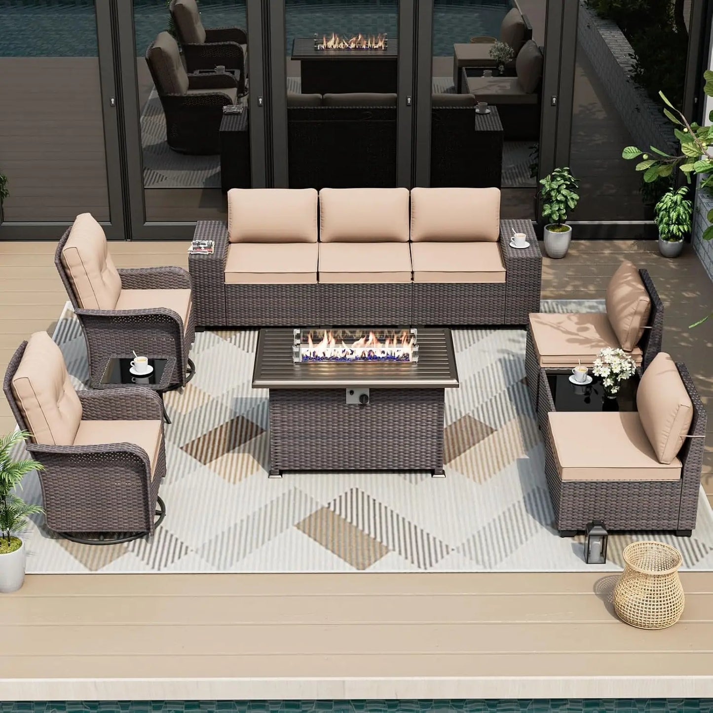 Outdoor 10 Piece Patio Set With Swivel Chairs Fire Pit