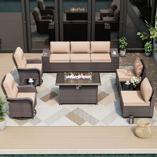Outdoor 10 Piece Patio Set With Swivel Chairs Fire Pit