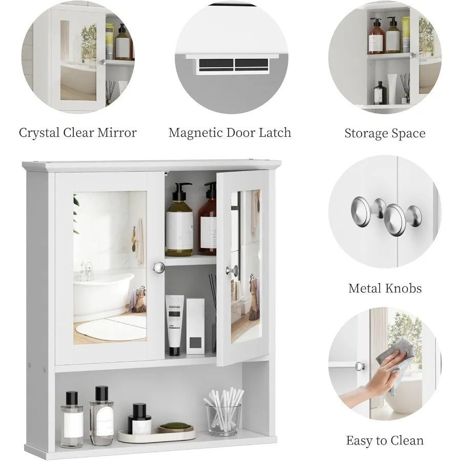 Cabinet With Mirror, Wood Medicine Cabinet With Adjustable Shelf, Wall Mount Cabinet Storage, Cupboard, Whit