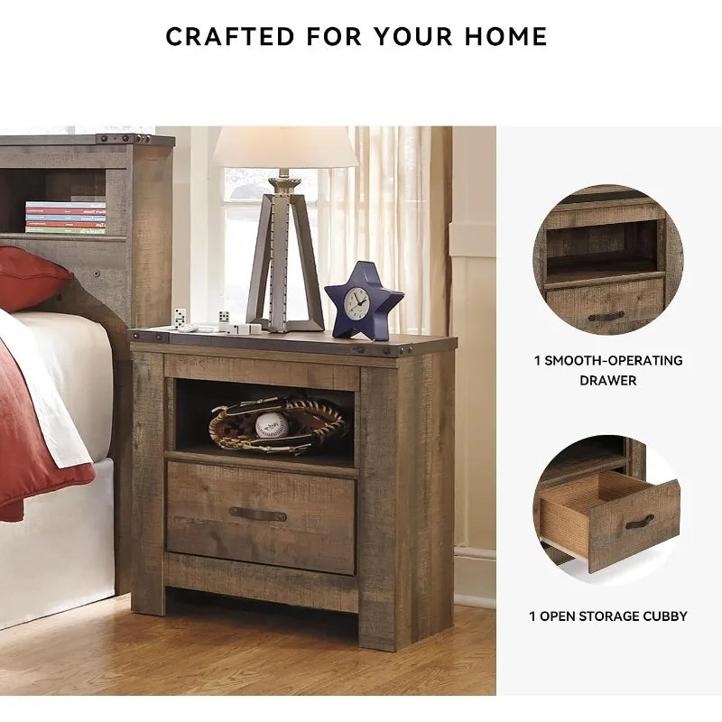 Signature Design by Ashley Trinell Rustic 1 Drawer Nightstand, USB Charing, Storage Cubby,Wood, 24.72" W x 16.18" D x 26.22" H,