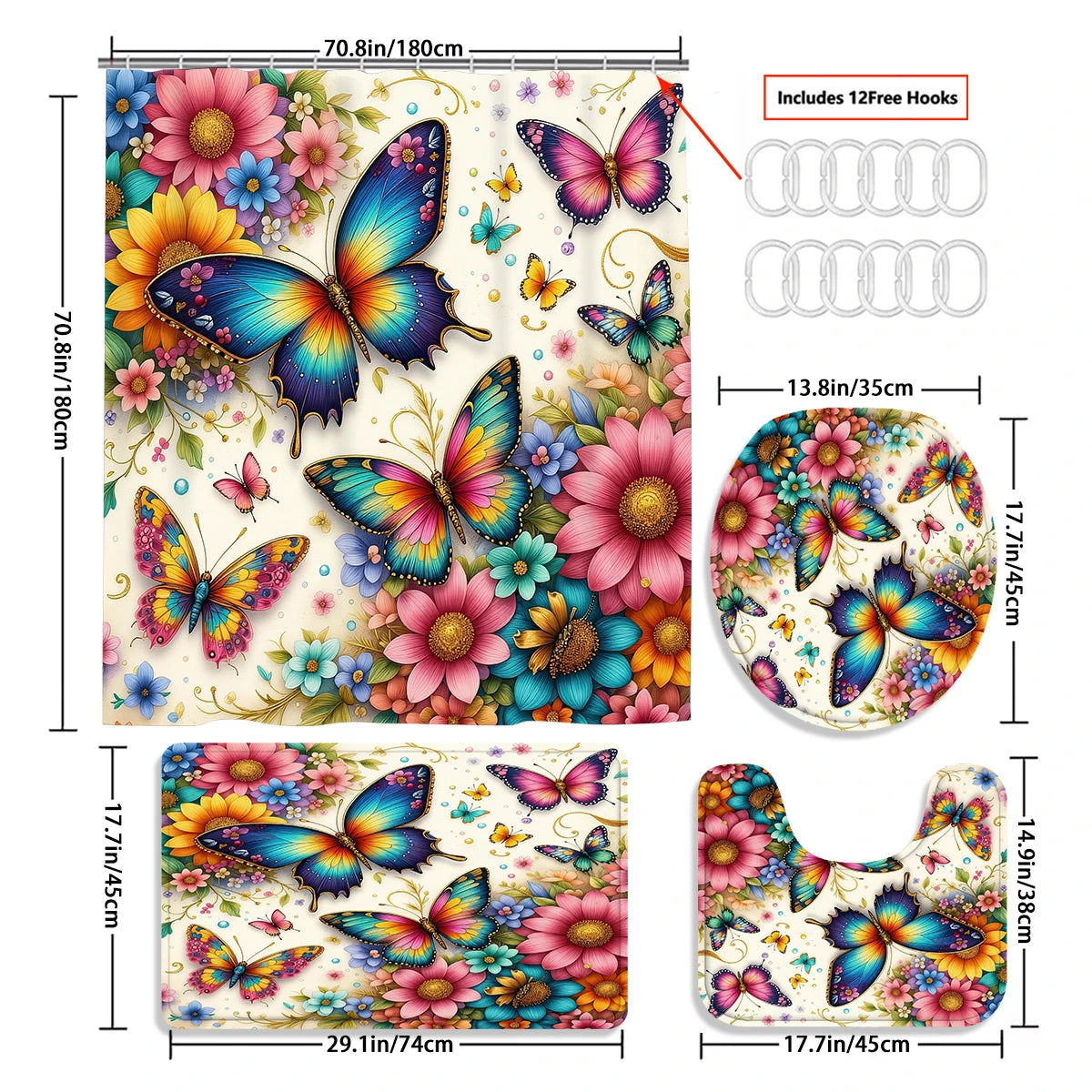 Butterfly Floral Shower Curtain Set With Hooks Waterproof