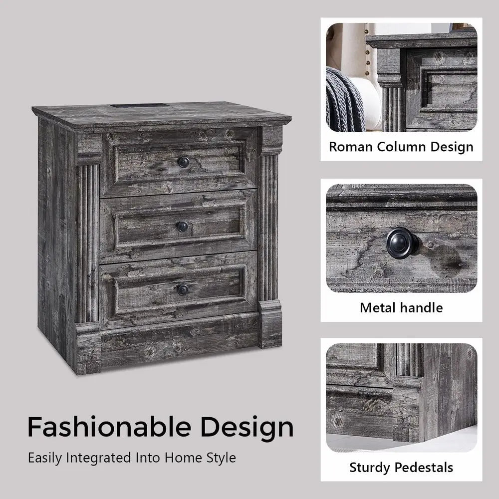 Set of 2 Tall Nightstands, 3 Drawers End Table with Charging Station, Wide Side Table, Rustic Sofa Table for Living Room or Bedr
