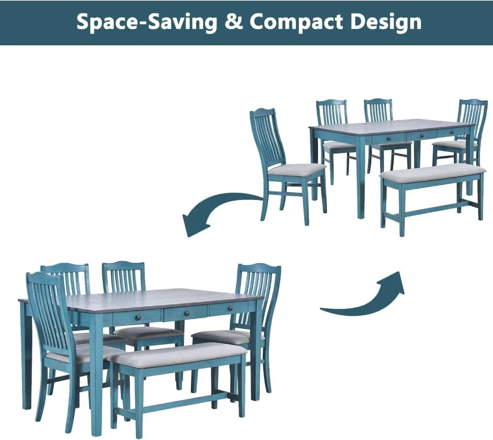 6-Piece Farmhouse Dining Table Set for 6, Solid Wood, Antique Blue