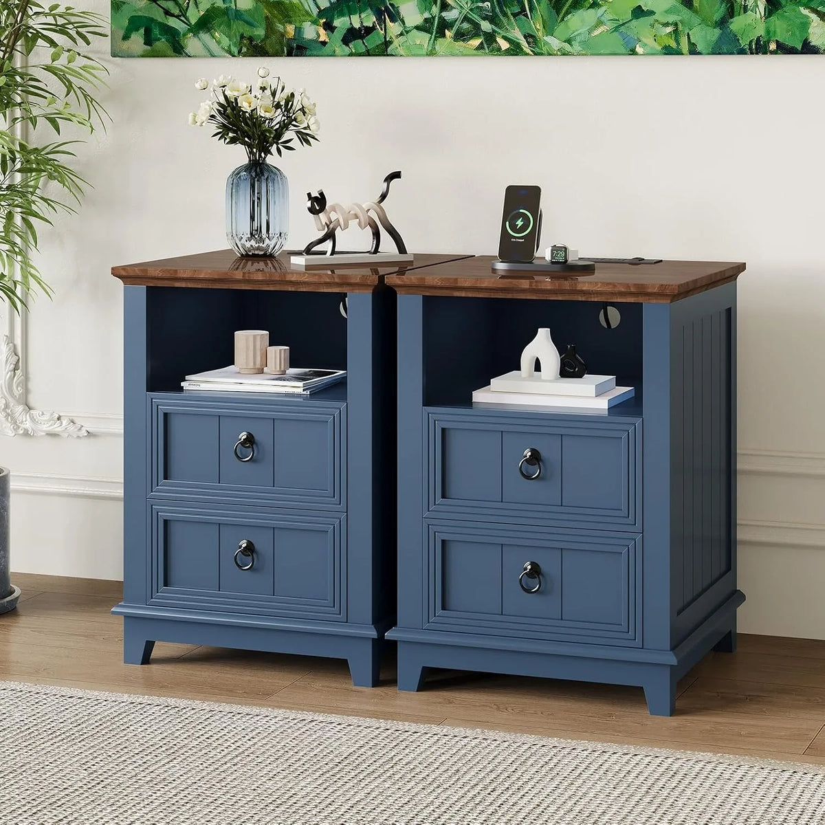 Modern Wood Nightstand With USB Charging Station And Two Drawers