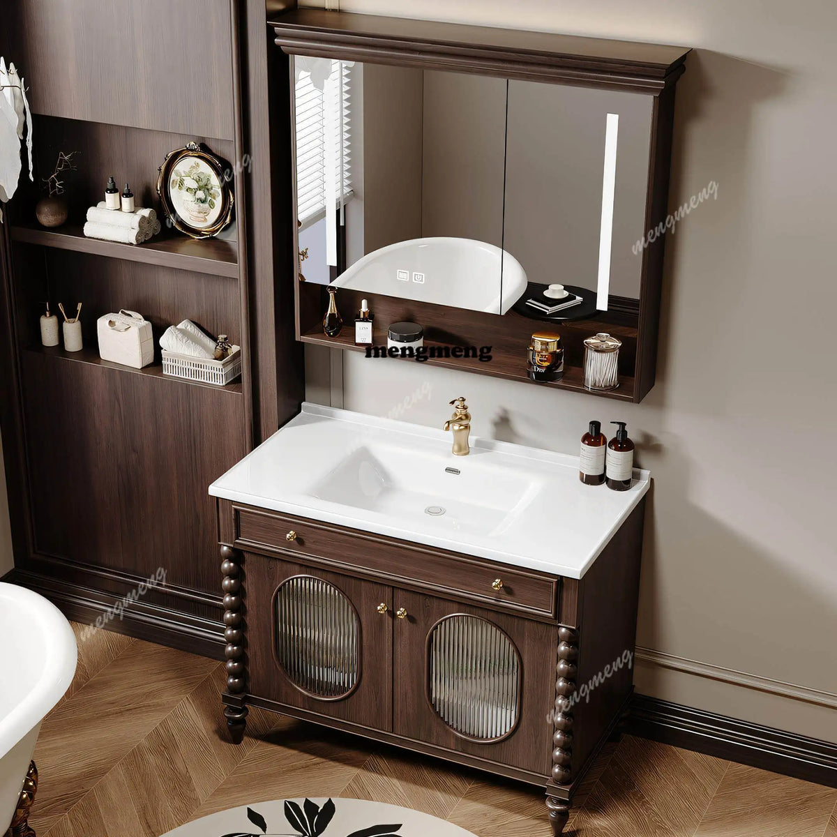 American Retro Rubberwood Bathroom Cabinet With Ceramic Integrated Basin