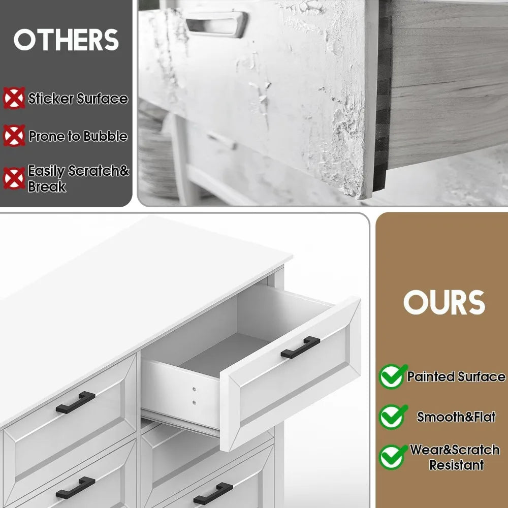 Modern Farmhouse Dresser with 8 Drawers for Bedroom Storage, 39.3” Tall Wood with Black Handles